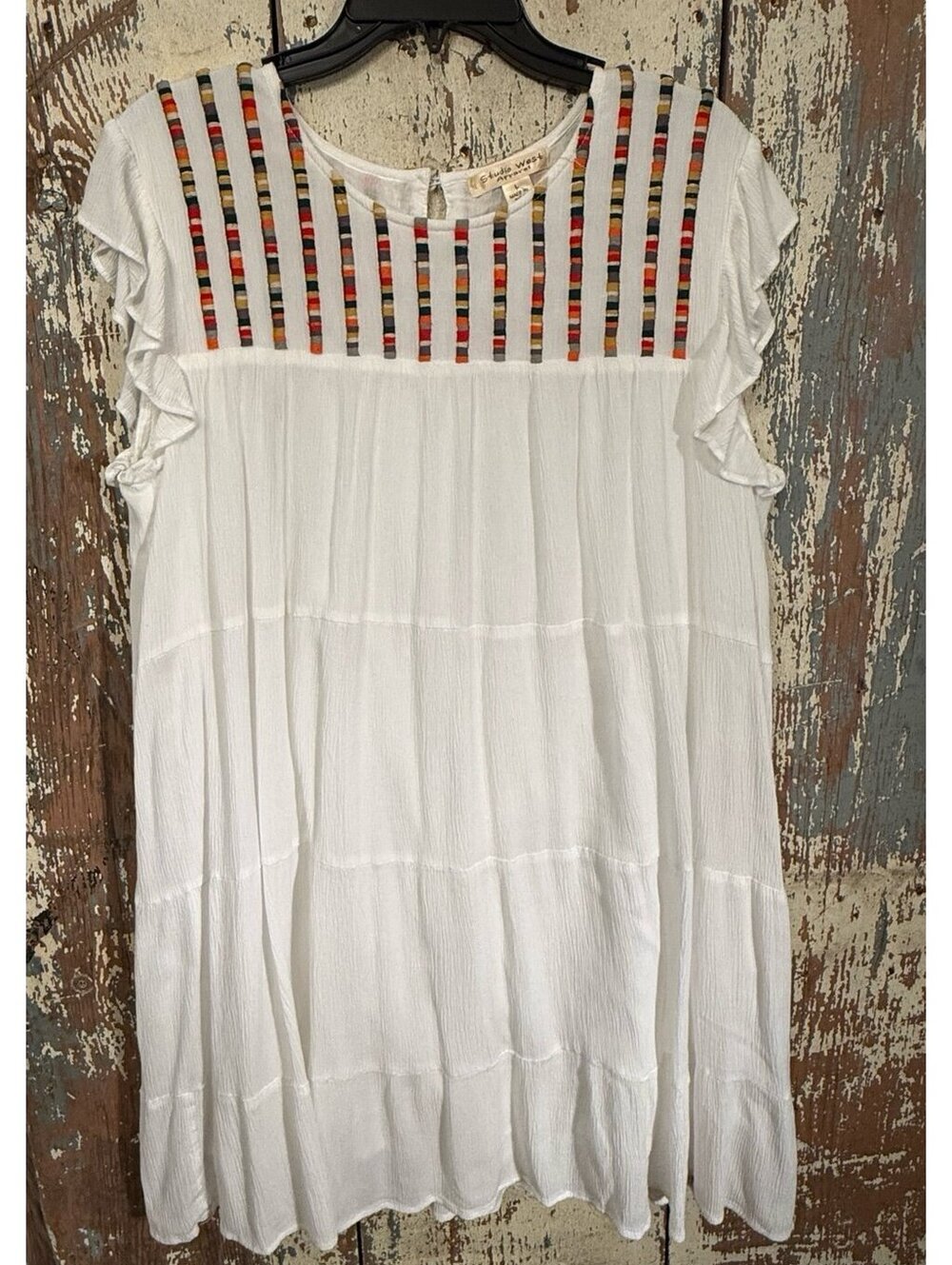 Studio West Apparel Embroidered Striped Yoke Mini Dress, size large, white